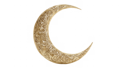 Gold crescent moon with intricate designs, created AI, PNG