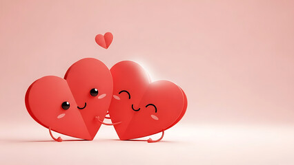 Two cartoon hearts embracing each other