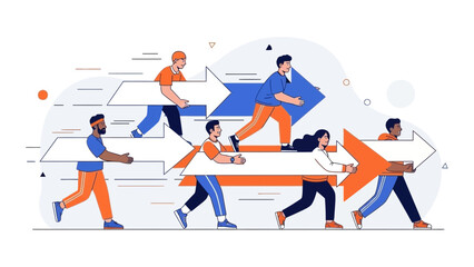Fototapeta premium Diverse team carrying forward arrows, symbolizing progress and teamwork