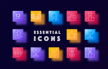 Award and achievement set icon. Trophy, star, medal, podium, ribbon, badge, thumbs, rating, wreath in thin white lines over vibrant square color backgrounds.