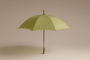 Obraz premium Minimalist green umbrella standing alone on a neutral background, representing protection, weather, and conceptual simplicity