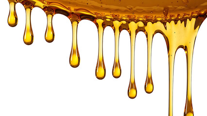 Golden liquid dripping on transparent background