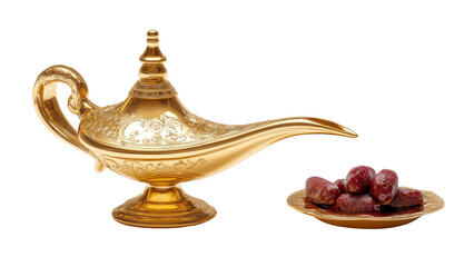 Golden arabian lamp next to a plate filled with dates, created AI, PNG