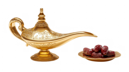 Golden arabian lamp next to a plate filled with dates, created AI, PNG
