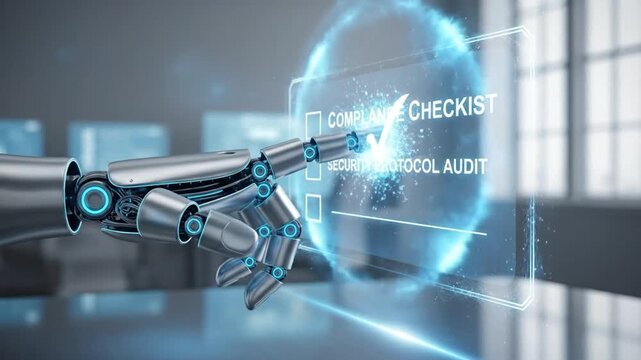 Futuristic robot hand interacting with a digital compliance checklist interface in a modern office.