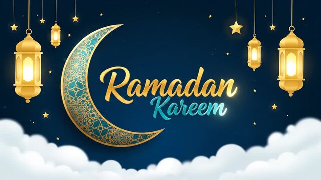 Ramadan Illustration Moon with Lanterns, Stars, and Night Sky Background.