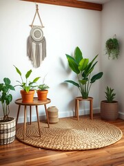 Cozy corner with wicker rug and plants on wooden floor, featuring macrame art on white wall Perfect for creative work,  home living,  floor decor