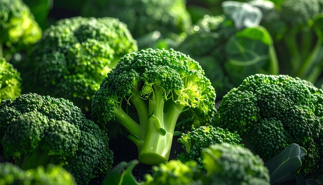A close-up view of a vibrant green broccoli crown surrounded by similar florets