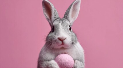 Obraz premium Easter bunny holding colorful egg on soft pink background with spring holiday decorations and festive seasonal theme