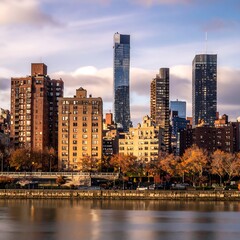 Fototapeta premium Cityscape along a body of water at dusk, featuring buildings and trees under a sky filled with clouds, soft light