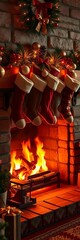 A cozy fireplace with stockings hung, casting a warm, inviting glow on the hearth ,  christmas,  glowing