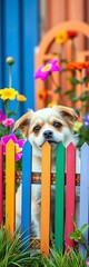 Cute dog behind a colorful garden fence, a playful border,  furry,  friendly