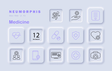 Medicine set icon. Shows heart, pill, document, insurance, shield, mobile, group, first aid, medical cross, patient, record, prescription, number badge
