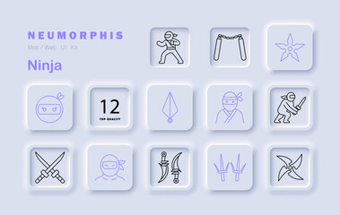 Ninja set icon. Includes fighters, mask, stars, swords, dagger, nunchaku, throwing blades, emblems, martial poses in combat-style neumorphic design