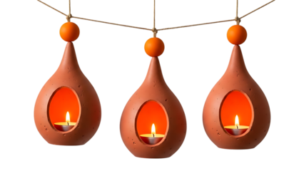 Three Hanging Terracotta Lanterns with Candles
