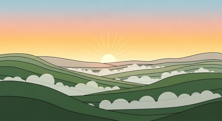 Obraz premium Serene Landscape with Rolling Hills and Clouds.