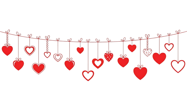 Red heart decorations on string - Powered by Adobe