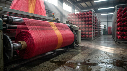 Weaving machine rolling red and orange mesh fabric in a modern textile factory. Industrial production and manufacturing process