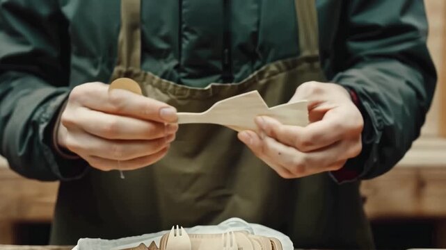 A person in a workshop crafts wooden utensils with hands.