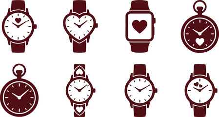  Happy Valentine&rsquo;s Day 2026 Red Wristwatch Icon Set Silhouette Isolated on White 2026 