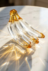 Crystal banana glass sculpture, Transparent fruit amber light, Sunlit glass decoration prism, Yellow crystal object shadow