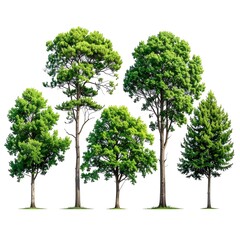 Obraz premium A collection of five trees with varying shapes and sizes on a white background