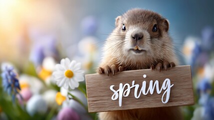 A small brown and white animal holding a sign that says Spring