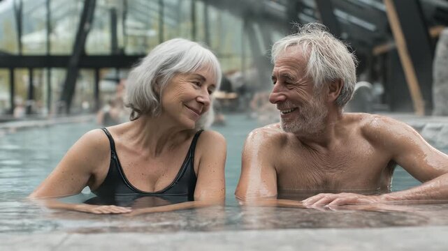 Senior couple enjoying thermal bath. Romantic date, relaxed atmosphere. Peaceful time together. Elderly people in spa. Healthy lifestyle, wellbeing concept. Quiet moment.