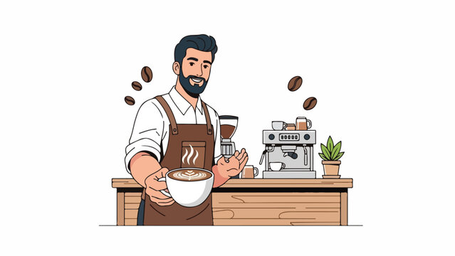 A smiling man with a beard, wearing a brown apron, holding a cup of coffee