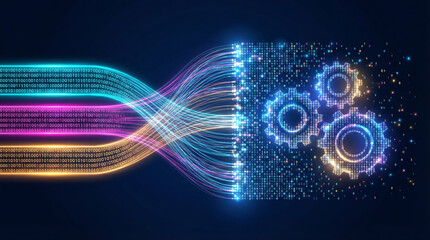 Agentic ai workflow artificial intelligence technology automation glowing data stream merges with digital gears futuristic creative concept