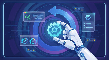 Agentic ai workflow artificial intelligence technology automation robotic hand adjusts gear icon futuristic control interface showing gauges