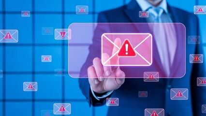 Businessman interacting with virtual warning email alert on digital interface with blue grid background
