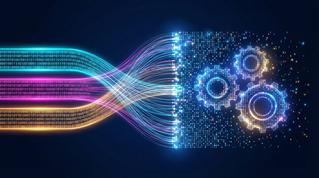 Agentic ai workflow artificial intelligence technology automation glowing data stream merges with digital gears futuristic creative concept