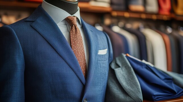 Tailored suits displayed in a store with various colors and styles on hangers in the background during daylight hours