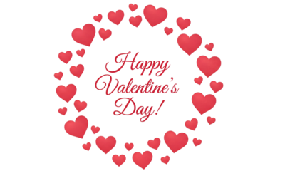 PNG image of Beautiful array of floating three dimensional red hearts forming a celebratory circular border with elegant script text on transparent background