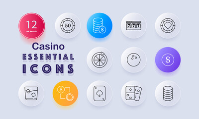 Casino set icon. Chips, slot reel, roulette wheel, ball, dollar coin, dice, cards, drink, table, currency icon, heart chip, betting tools