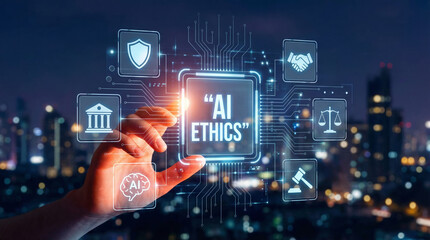 AI transforming society with ethical policy icons and human hand