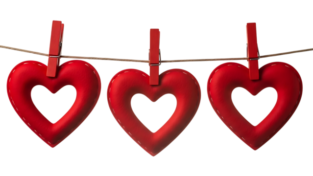 Three Red Hearts Hanging on Clothespins - Powered by Adobe