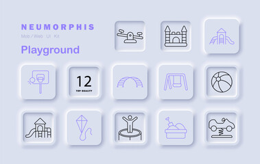 Playground set icon. Displays seesaw, swing, trampoline, slide, sandbox, hoop, ball, arch, car ride, and kite in neumorphic childrens theme