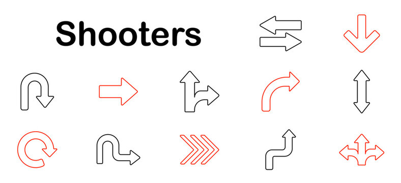 Shooters set icon. Arrows, direction, u-turn, curve, reload, navigation, path, pointer, rotation, route, indicator, turn, motion, signal, shift, way.