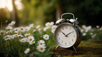 A silver alarm clock with a white face sits on a mossy patch of grass