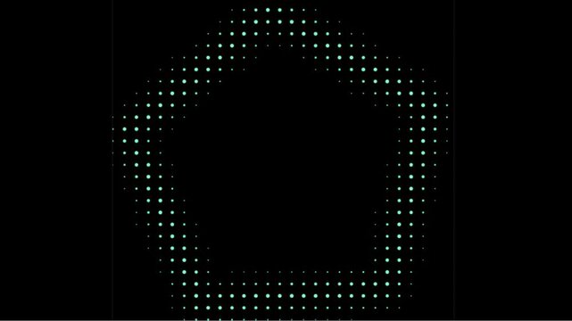 Pulsating Halftone Pentagon Shape Loop. Abstract geometric animation with glowing colorful dots forming a dynamic pentagonal pattern on a black background. Modern VJ loop