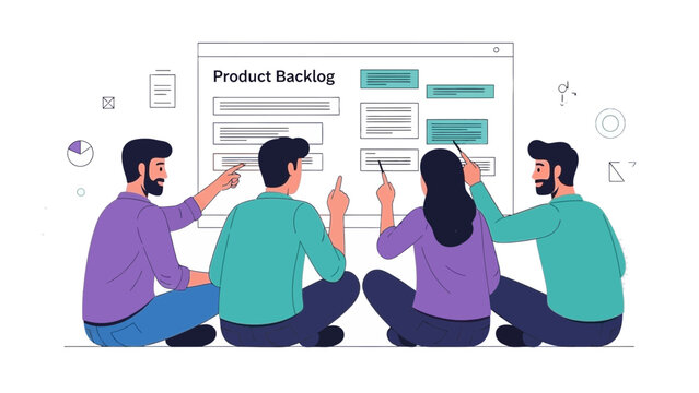 Team Discussing Product Backlog on Digital Board, Agile Project Management