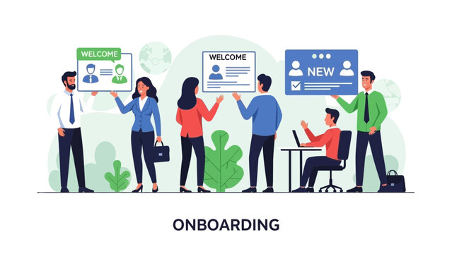 Team onboarding illustration: new employees welcomed with digital profiles and checklists