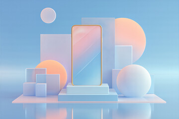An abstract composition featuring clean geometric shapes and soft gradients, representing the concept of a hybrid online and offline lifestyle.