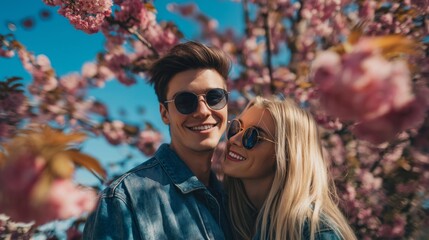 A man and a woman are smiling at the camera in a field of pink flowers