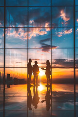 Many business people stand in front of the french window at dusk to discuss the scene silhouette