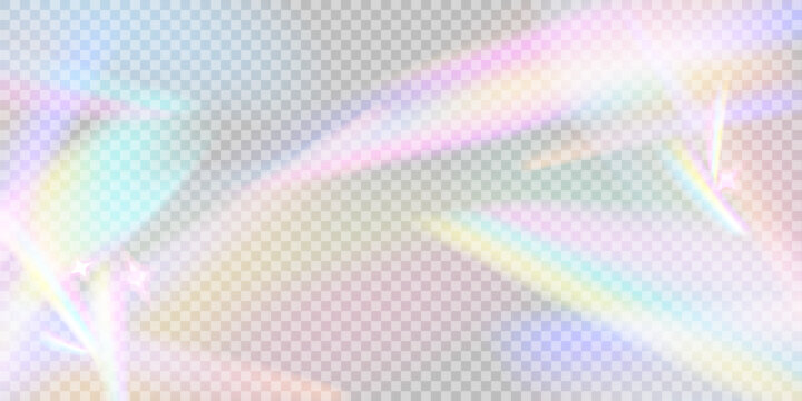 Prism effect vector background. Rainbow crystal light dispersion. Sun flare overlay illustration with transparency