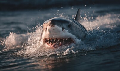 Fototapeta premium Shark on surface of sea with waves and teeth