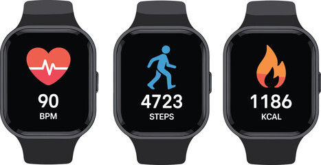 Smartwatch fitness tracking display, heart rate steps calories health monitoring wearable technology illustration vector interface